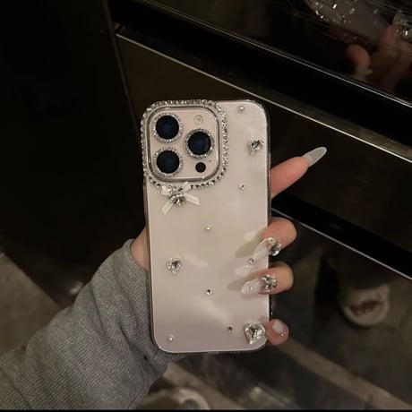 ハートダイヤ/ジュエリー iPhone16pro/16ケース リボン ハンドメイド iPhone15plus/14/13pro/12カバー 大人可愛い[M5244]