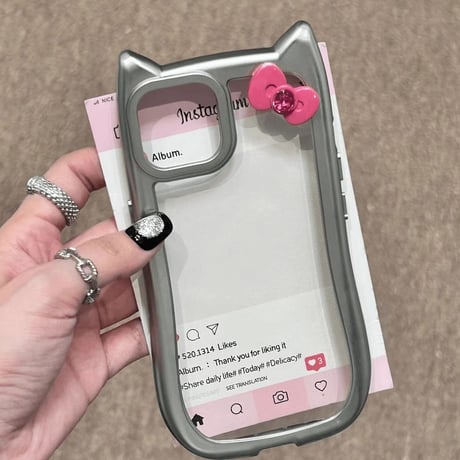 流行り iPhone15/15proケース リボンデコ 耳付きiPhone14/13pro/12Proケース かわいい ギフトに最適[M4454]