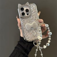 ジュエリーリボン iPhone16/16Proケース 猫耳 キラキラグリッター アイフォン15プロ/14/13proカバー おしゃれストラップ 豪華 [M4827]