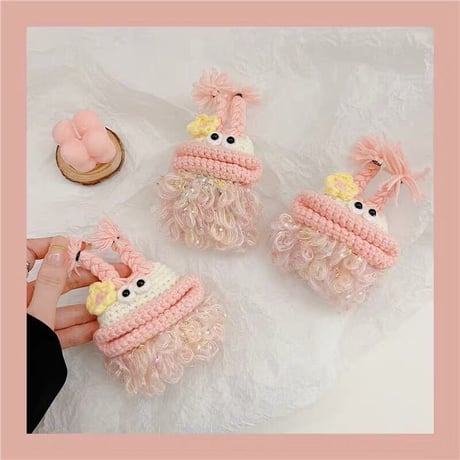 ピンク大きい口モンスター airpods4/3/proケース  花付き ふもふも airpodsカバー   可愛い 柔らかい 温かい キュート[M2227]