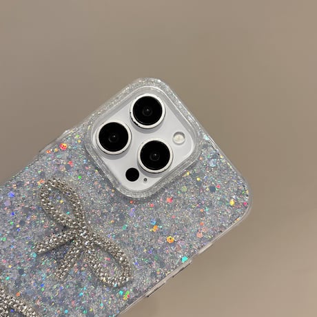キラキラリボン iPhone16/16proケース グリッター iPhone15Pro/14/13proカバー 可愛い 女子力アップ [M5011]