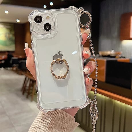 リング/ショルダーチェーン付 アイフォン15/15プロケース 四角耐衝撃 iPhone14pro/13/12カバー シンプル 多機能 [M4297]
