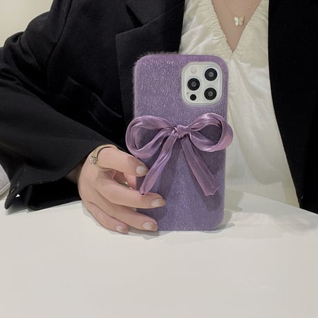 リボン付 iphone13pro/13promaxケース  パープル  iphone12pro/11カバー ガールズに超人気  秋冬向けM1051