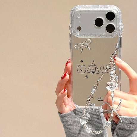 犬ちゃんミラー iPhone17pro/17ケース ジュエリーリボンデコ iPhone16/15proケース 可愛いストラップ 女子力高い[M6087]