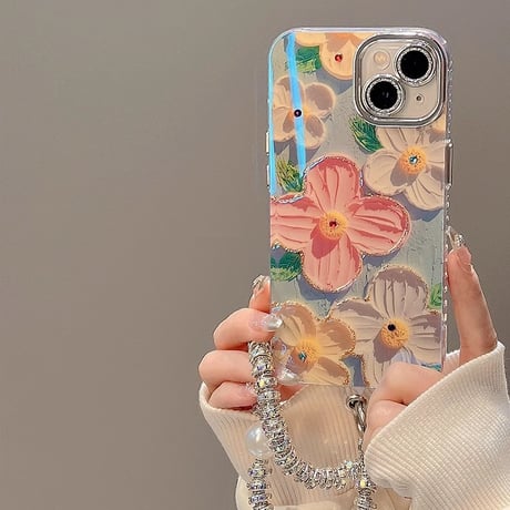 花柄 iPhone15/15proケース パールストラップ付 iPhone14/13pro/12ケース レンズフイルム付 かわいい 高級感 [M4063]