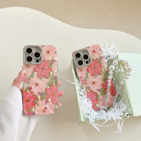 光る花柄 iPhone15/15proケース パールストラップ付 iPhone14pro/13promax/12ケース 可愛い 春夏コーデ[M4111]