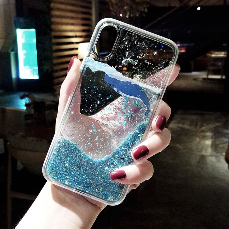 液体 サメ iPhone15/14proケース 流れるグリッター iPhone13mini/1