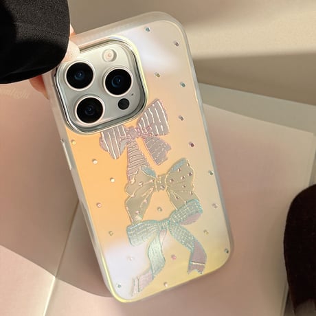 リボン柄 光るiPhone16pro/17ケース ダイヤデコ iPhone15pro/14/13カバー シック 可愛い [M5599]