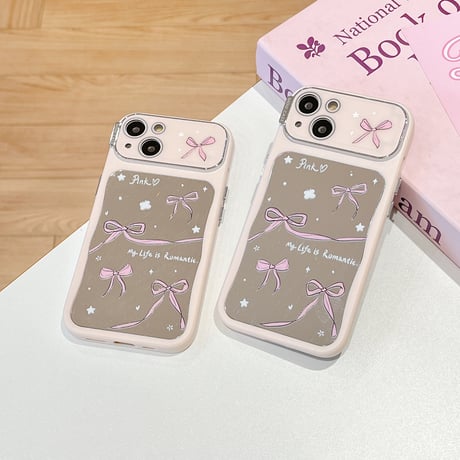 韓国風 鏡 iPhone15/15proケース リボン柄 アイフォン14/13pro/12ケース かわいい 女子力アップ[M4426]