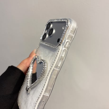 ハート型ミラーリングスタンド iPhone17Pro/17ケース  うねうねジュエリーライン アイフォン16/15proカバー シェル柄[M6260]