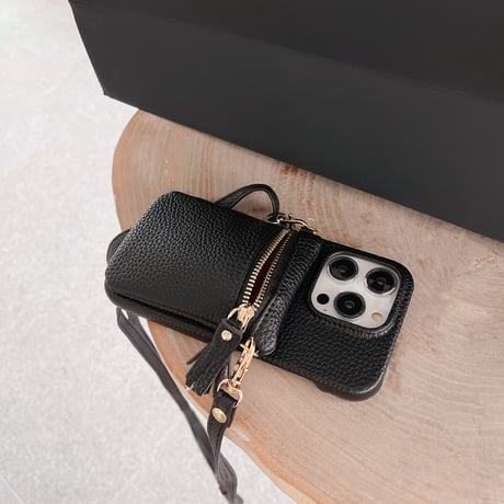 小銭付き iPhone16/16Proケース ショルダー iPhone15Pro/14/13promaxカバー フリンジ ファスナー 淡色レザー [M4618]