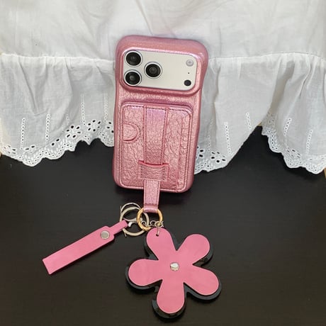 カード入れ付き iPhone17/17Proケース ベルト付き レザー製 iPhone16Pro/15pro/14ProMaxケース 花ストラップ[M6411]