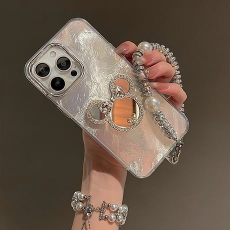 ダイヤミラー付 iPhone16/16Proカバー ジュエリーストラップ キラキラ iPhone15/14/13proケース おしゃれ かわいい [M4646]