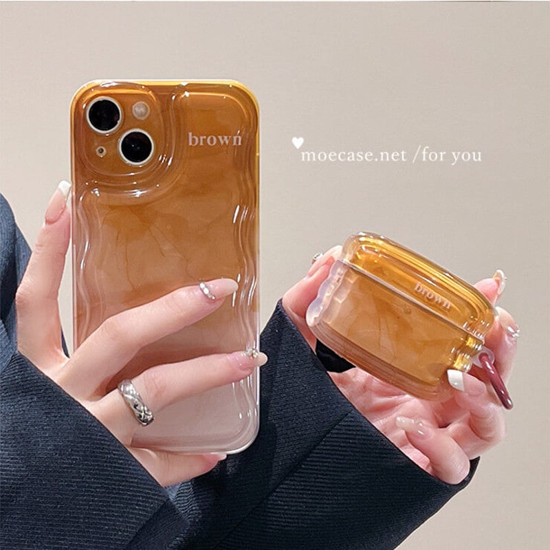 暈し染め 茶色 iphone14pro/13promaxケース 高級感 お揃い Airpods