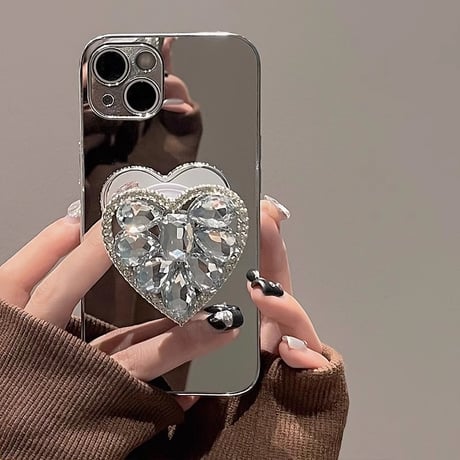ハートダイヤグリップ iPhone15/15proケース  ミラー iPhone14/13pro/12ケース 女子力アップ オシャレ 便利[M3906]