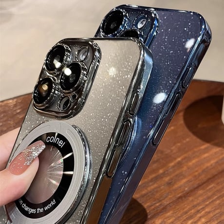 Magsafeスタンド キラキラiPhone17/16Proケース おしゃれ透明 アイフォン15Pro/14pro/13/12カバー 黄ばまないメッキ レンズカバー 丈夫[M4695]