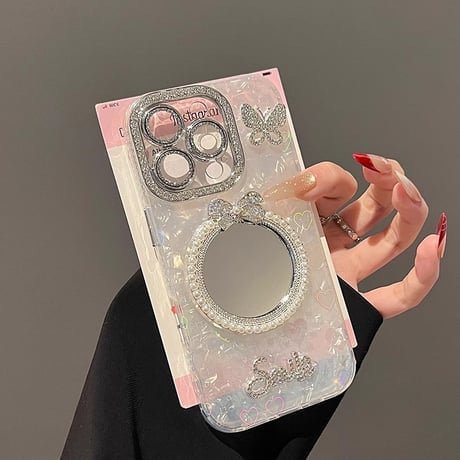 おしゃれ アイフォン16/16proケース ジュエリーリボンミラー 蝶 iPhone15pro/14/13proカバー シェル風 キラキラハートストラップ [M5455]