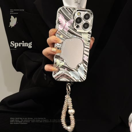 ジュエリーストラップ iPhone15pro/15ケース 鏡付き蝶柄 アイフォン14pro/13promax/12カバー 可愛い 女子力アップ[M4316]