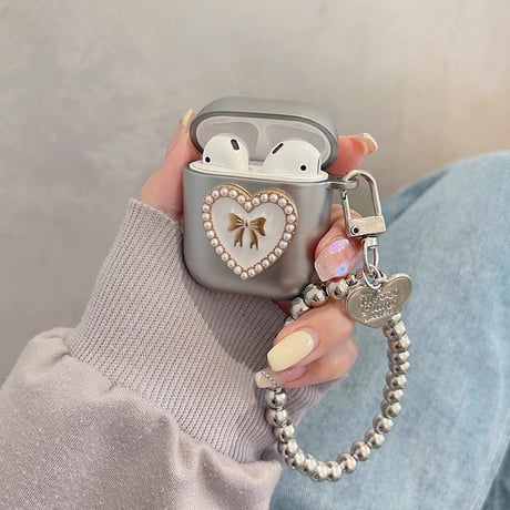 パープルリボン Airpods 4ケース エアーポッズ3/2 金属ビーズストラップ AirpodsPro2/1カバー エレガント めっちゃ可愛い[M4737]