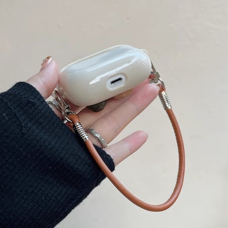 宝石 Airpods 4ケース レザーストラップ付 Airpodspro2/proカバー Airpods3/2 花キー ベージュ色 可愛い[M4933]
