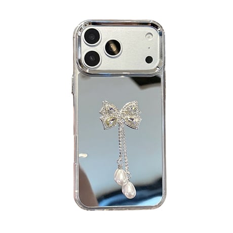 ダイヤリボンフリンジ ミラー iPhone17Pro/17eケース オシャレ iPhone16/15pro/SE3/14/13カバー 光沢感 綺麗 [M6468]