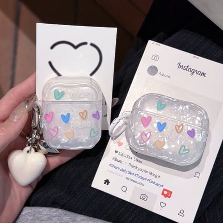シェル風ハート柄 Airpods Pro3ケース キュート Airpods4/3カバー pro2/pro1 うねうね リング/キーホルダー付 光沢感[M6043]