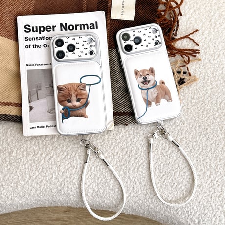 カップルペア iPhone17Pro/17ケース 猫/犬ちゃん iPhone16/15Pro/14ケース カメラカバー付 レザーストラップ お揃いコーデ[M6031]