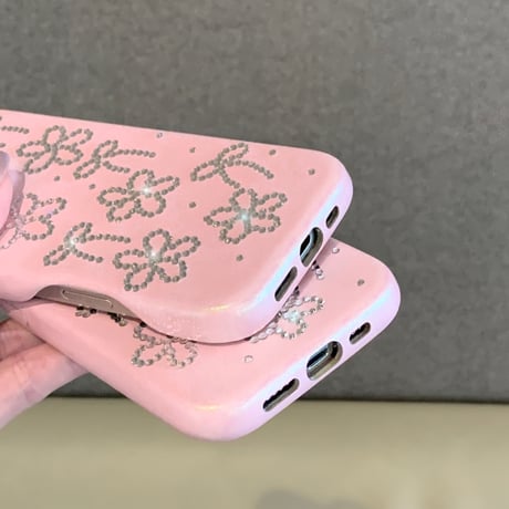 高級感 iPhone16pro/16ケース ダイヤデコ花/リボン iPhone15pro/14/13promaxケース ピンクレザー 上品 大人可愛い [M5385]