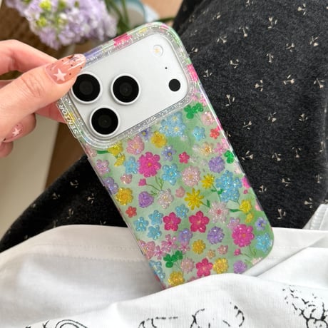 キラキラ花柄 iPhone17Pro/17ケース きれい iPhone17Promax/16Pro/15ケース かわいい 光沢感 春夏コーデ[M6197]