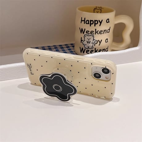 黒花グリップ iPhone15/15proケース 水玉模様 iPhone14/13proカバー かわいい 韓国風[M4512]