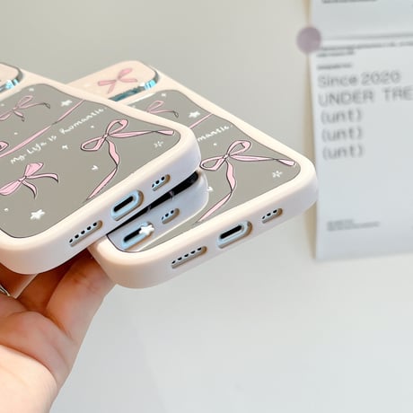 韓国風 鏡 iPhone15/15proケース リボン柄 アイフォン14/13pro/12ケース かわいい 女子力アップ[M4426]