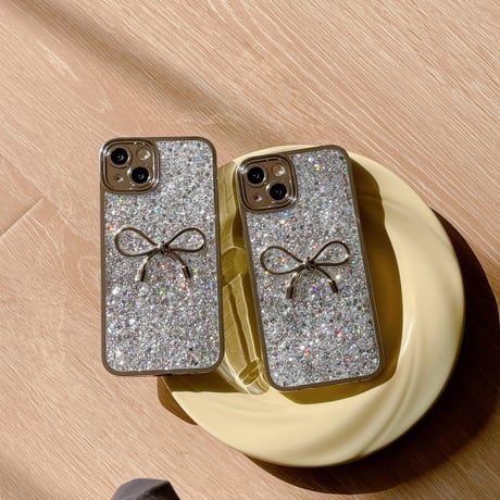 リボン iPhone15/15proカバー キラキラグリッター iPhone14/13pro/12ケース 女子力アップ シルバーコーデ[M3896]