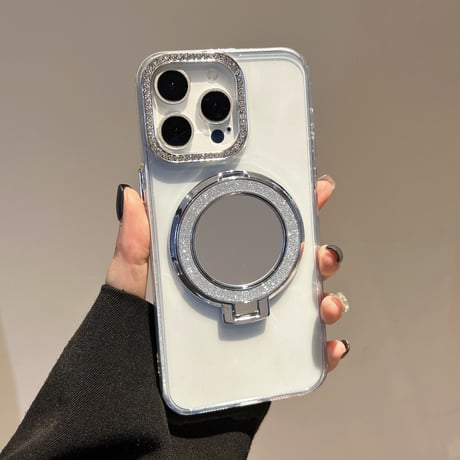 ミラーリングスタンド アイフォン16/16proケース ジュエリー iPhone15pro/14/13proカバー オシャレストラップ 高透明 [M5506]