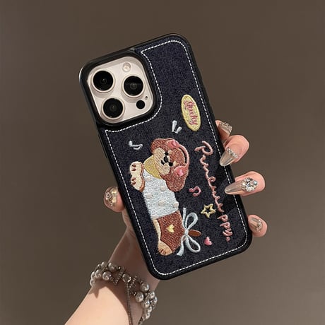 刺繡犬ちゃん iPhone16pro/16ケース デニム素材 iPhone15Pro/14/13proケース 秋冬ファッション 耐久性[M4732]