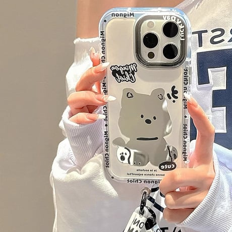 dog 鏡 iPhone15pro/15カバー ストラップ付 アイフォン14pro/13promax/12ケース シック 可愛い[M4330]