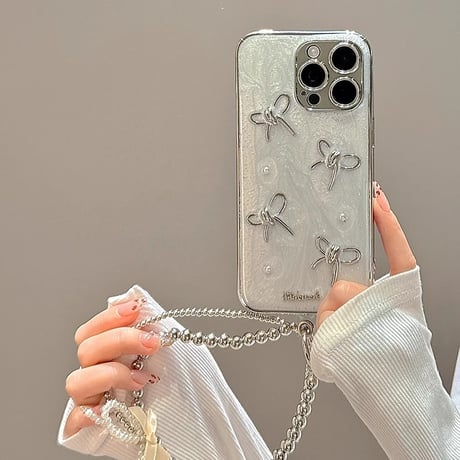 女子力アップ iPhone15Pro/15promaxカバー リボンデコアイフォン14プロ/13/12ケース きれいストラップ 2色 [M4367]
