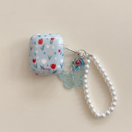 花柄 Airpods Pro3ケース 蝶パールストラップ Airpods 4/3カバー AirpodsPro2/1  存在感ある 春コーデ [M6134]