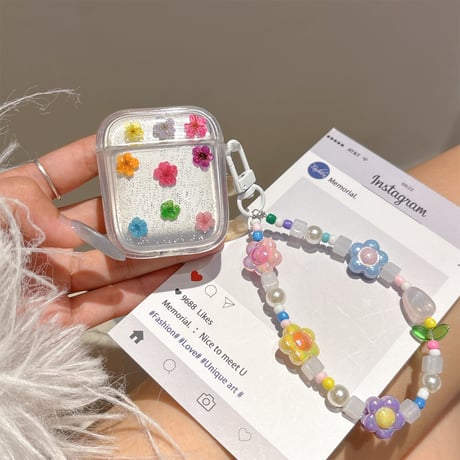 押し花 Airpods４ケース ラメ 花ストラップ付 Airpods3/Pro2ケース airpodsproカバー 大人可愛い ギフトにおすすめ[M5165]
