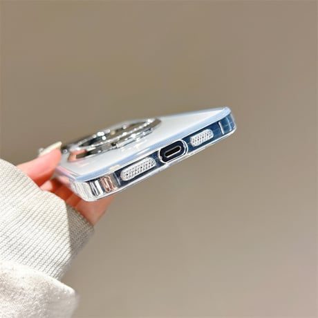 ミラースタンド付 iPhone16/15plusケース 透明 iPhone14promax/13/12proカバー シンプル ラメ入り [M4537]
