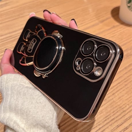 宇宙飛行士グリップ iphone14/13promaxケース ツヤ感金色枠 iphone12mini/SE3/11カバー  高級感  保護力強いソフトケース 落下防止 スタンド機能あり[M1982]