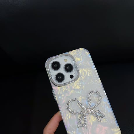 ジュエリーリボン iPhone15/15plusケース シェル風 キラキラiphone14/13/12proカバー 女子力アップ 可愛い[M3967]