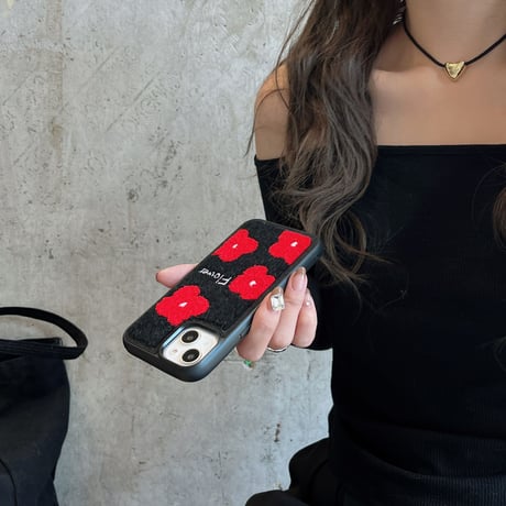 レッド花柄 iphone16/16proケース  刺繡入り iphone15pro/14/13/12カバー 秋冬人気アイテム シック[M3601]