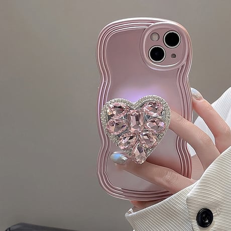 高級感豪華 iPhone14/13proケース 宝石ハートグリップ付き iPhone12pro/11カバー ピンク 落下防止波紋枠 キラキラおしゃれ[M3393]