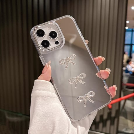 ジュエリーリボン iPhone16pro/16カバー メイク鏡付 iPhone15ptomax/14pro/13ケース おしゃれ 上品 可愛い [M5124]