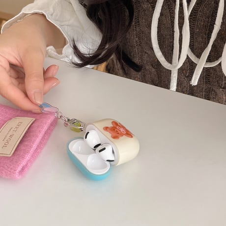 熊 Airpods 4ケース リボン柄 Airpods3/2カバー Airpodspro2/pro リング/キノコキーチェーン めっちゃ可愛い[M4999]