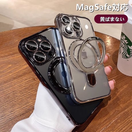 MagSafeスタンド一体型 iPhone16Pro/15ProMaxケース カメラ保護 クリアiPhone14pro/13Proケース メッキ 黄ばまない 色剥げない[M3617]