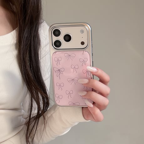 リボン柄 iPhone17/17Proケース ピンクカラー iPhone16Pro/15ProMax/14カバー キュート 女子力高い[M5914]