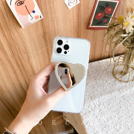ハート型ミラースマホグリップ 高級感 ジュエリーデコ枠 スタンド 綺麗 落下防止 ギフトにおすすめ[M2738]