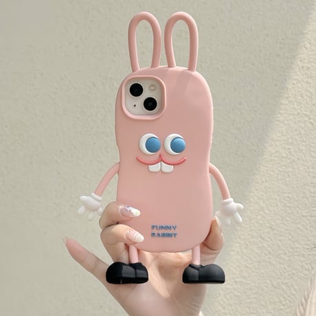 ウサギ iPhone14/13ケース ピンク シリコンアイフォン12/11カバー かわいい 耳持ち手 頑丈 プレゼントにおすすめ  [M3117]