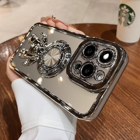 宇宙飛行士リング付 iPhone15/14proケース メッキクリアアイフォン13/12/11proカバー スタンド 便利 艶あり セレブ愛用 [M2637]